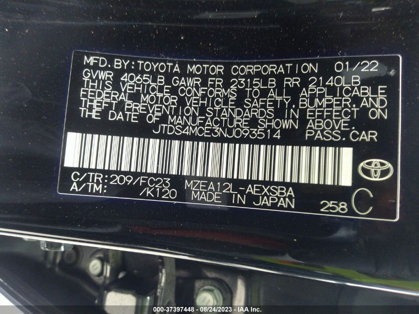 2022 TOYOTA COROLLA SE/SE NIGHTSHADE/APEX SE - JTDS4MCE3NJ093514