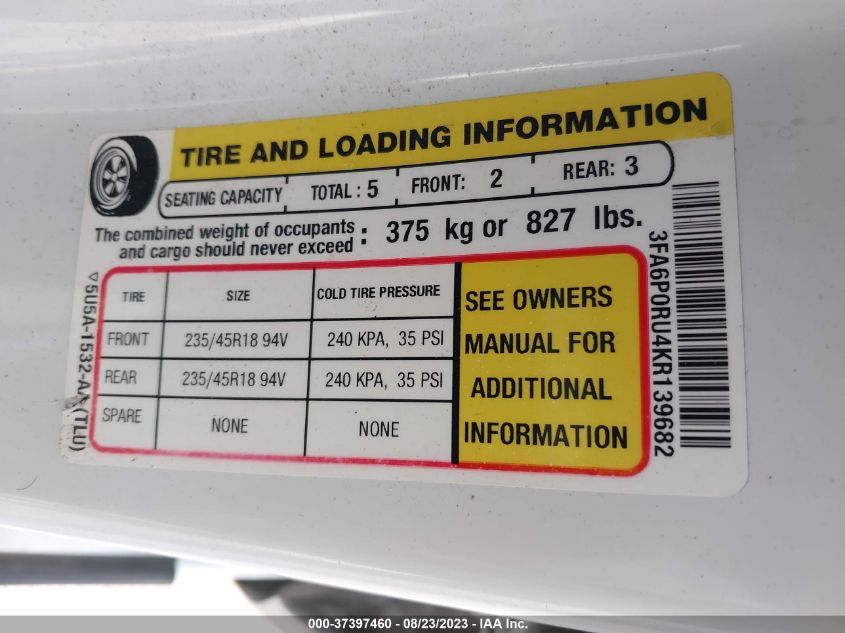 2019 FORD FUSION HYBRID TITANIUM - 3FA6P0RU4KR139682