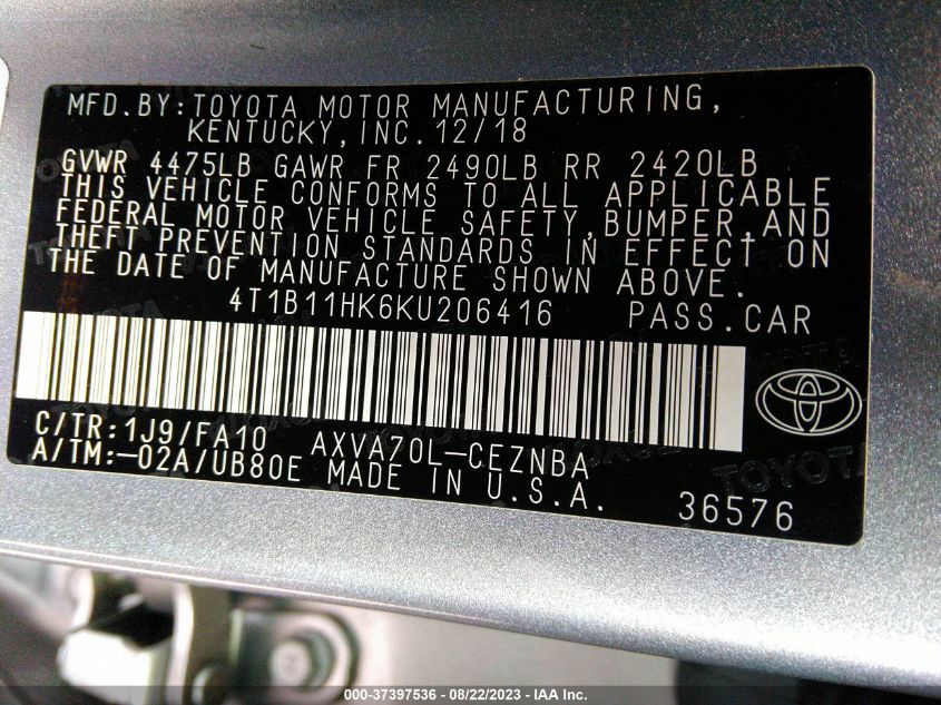 2019 TOYOTA CAMRY LE/SE/XLE/L - 4T1B11HK6KU206416