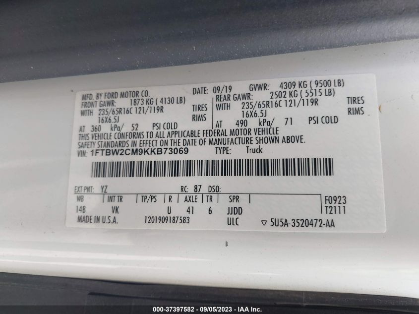 2019 FORD TRANSIT VAN - 1FTBW2CM9KKB73069