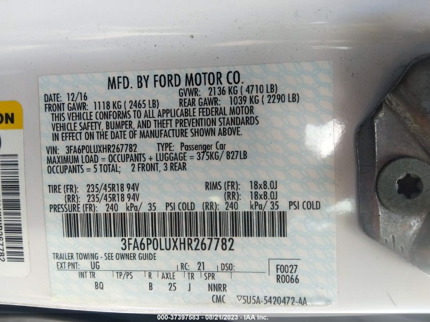 2017 FORD FUSION HYBRID SE - 3FA6P0LUXHR267782