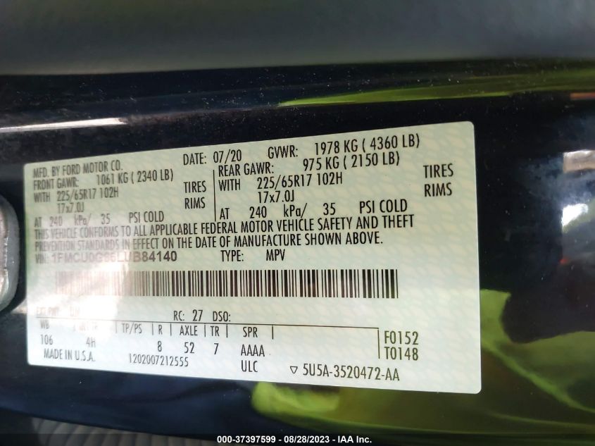 2020 FORD ESCAPE SE - 1FMCU0G66LUB84140