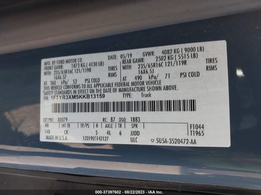 2019 FORD TRANSIT VAN - 1FTYR3XM5KKB13159