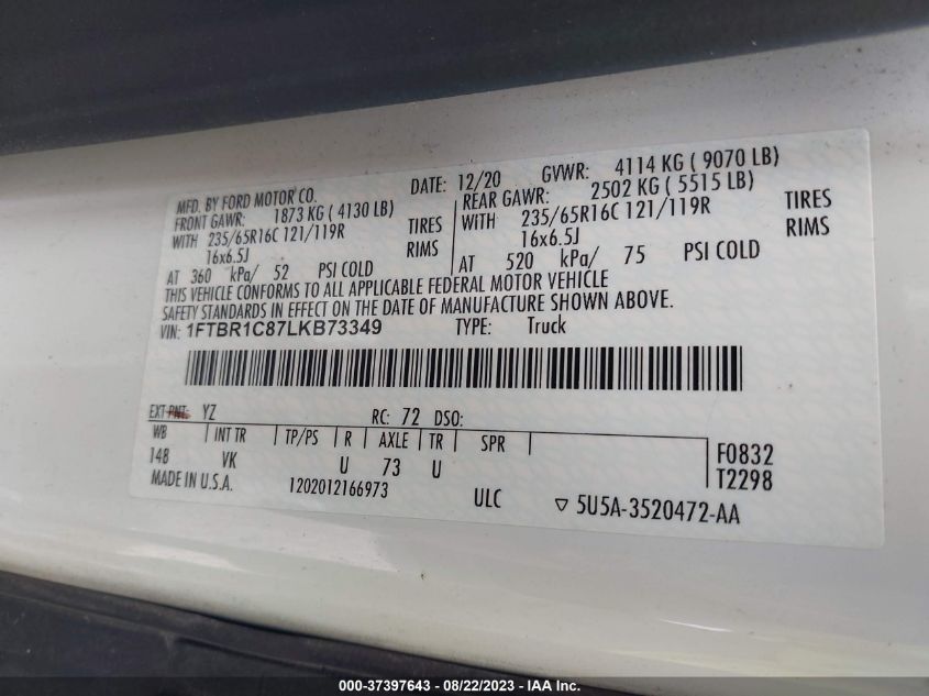 2020 FORD TRANSIT CARGO VAN - 1FTBR1C87LKB73349