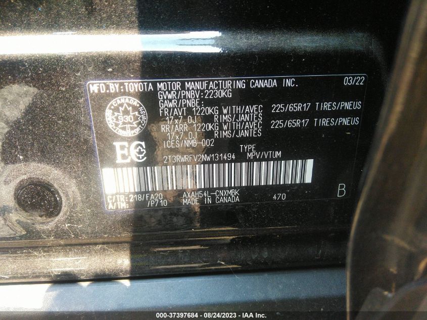 2022 TOYOTA RAV4 HYBRID XLE - 2T3RWRFV2NW131494