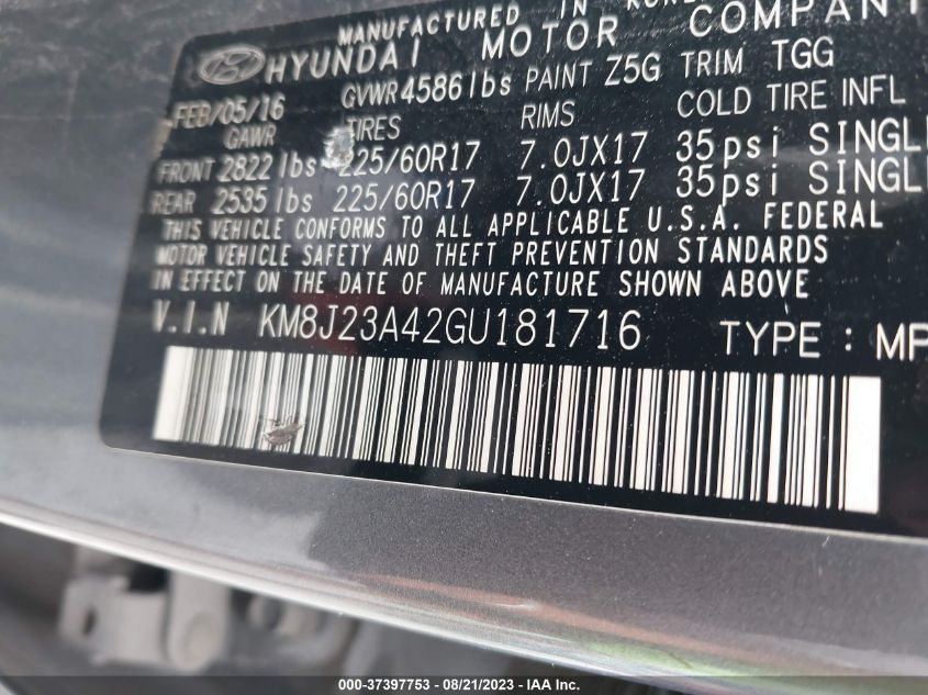 2016 HYUNDAI TUCSON SE - KM8J23A42GU181716