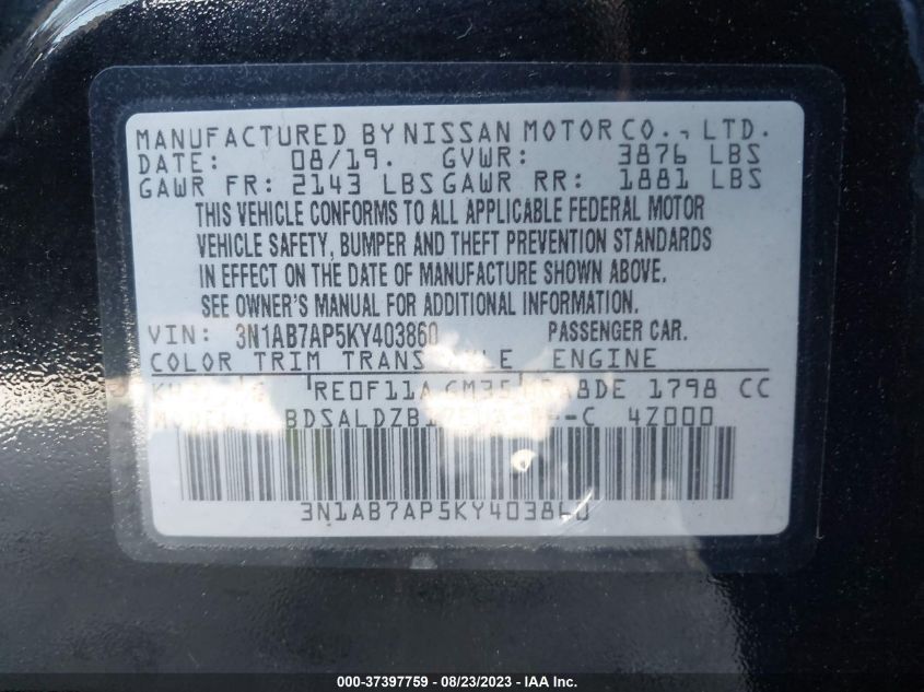 2019 NISSAN SENTRA SV - 3N1AB7AP5KY403860