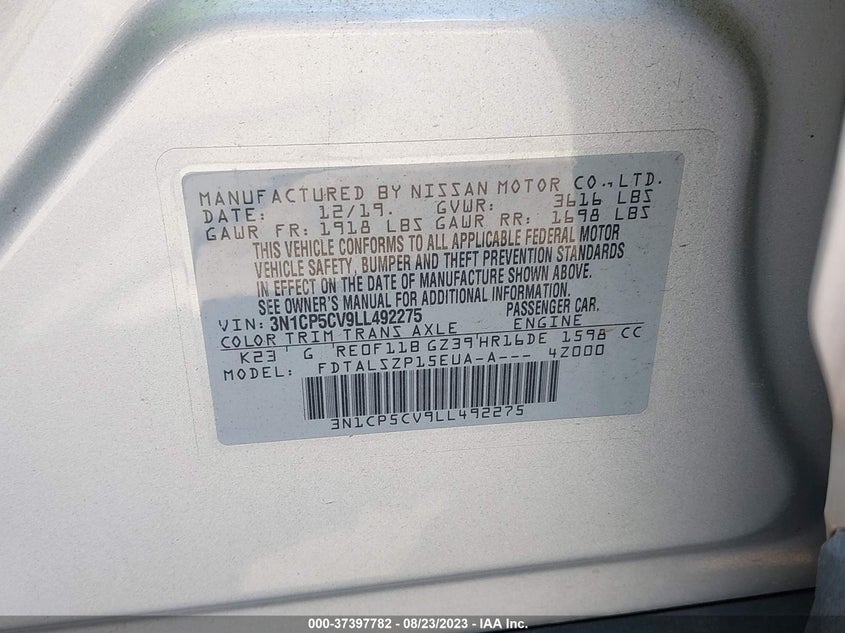 VIN 3N1CP5CV9LL492275 2020 NISSAN KICKS SV