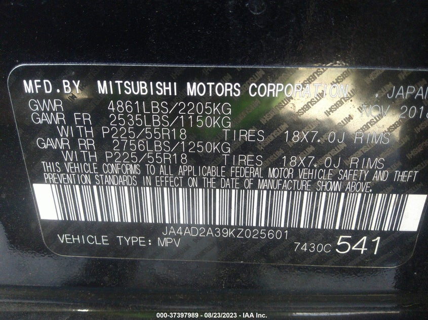 VIN JA4AD2A39KZ025601 2019 MITSUBISHI OUTLANDER ES