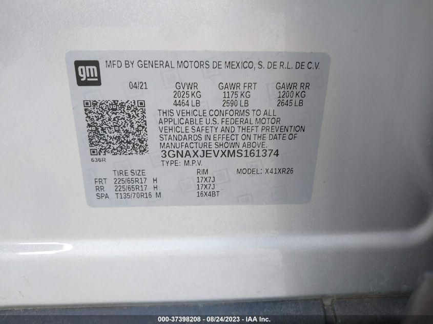 2021 CHEVROLET EQUINOX LT - 3GNAXJEVXMS161374