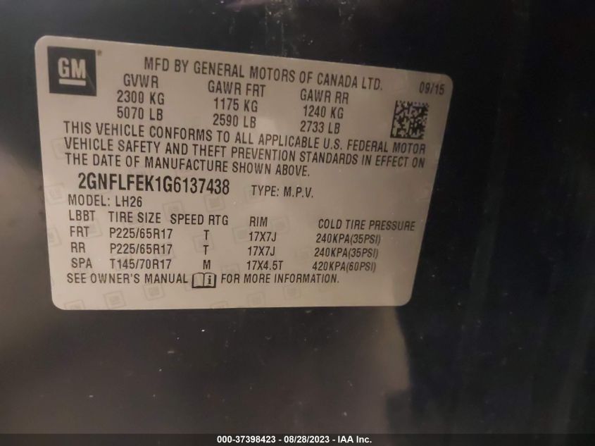2016 CHEVROLET EQUINOX LT - 2GNFLFEK1G6137438