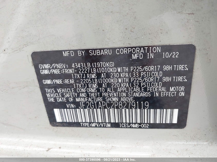 VIN JF2GTAPC2P8279119 2023 SUBARU CROSSTREK PREMIUM