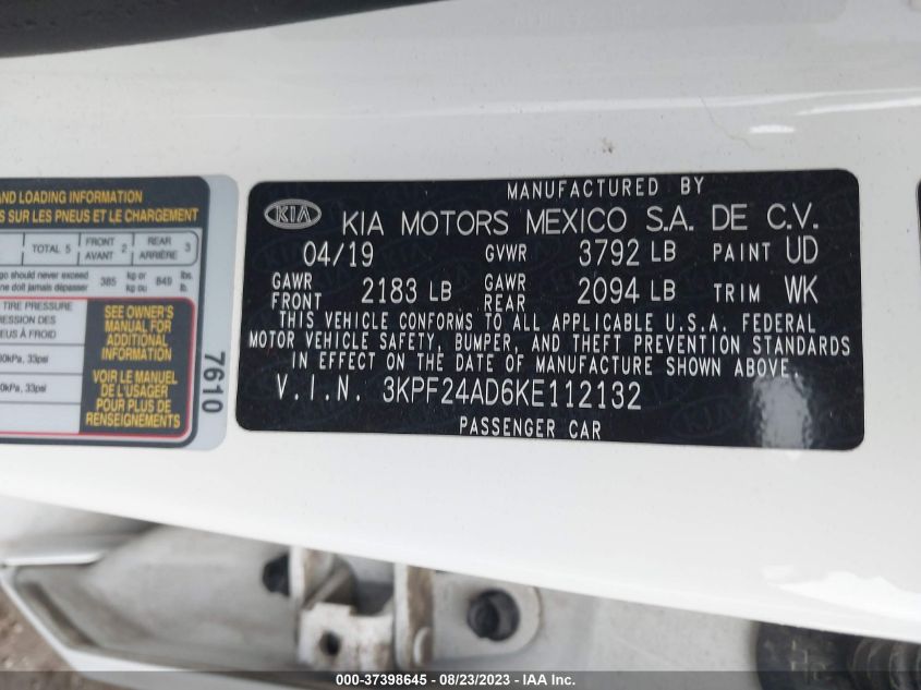 2019 KIA FORTE LXS - 3KPF24AD6KE112132