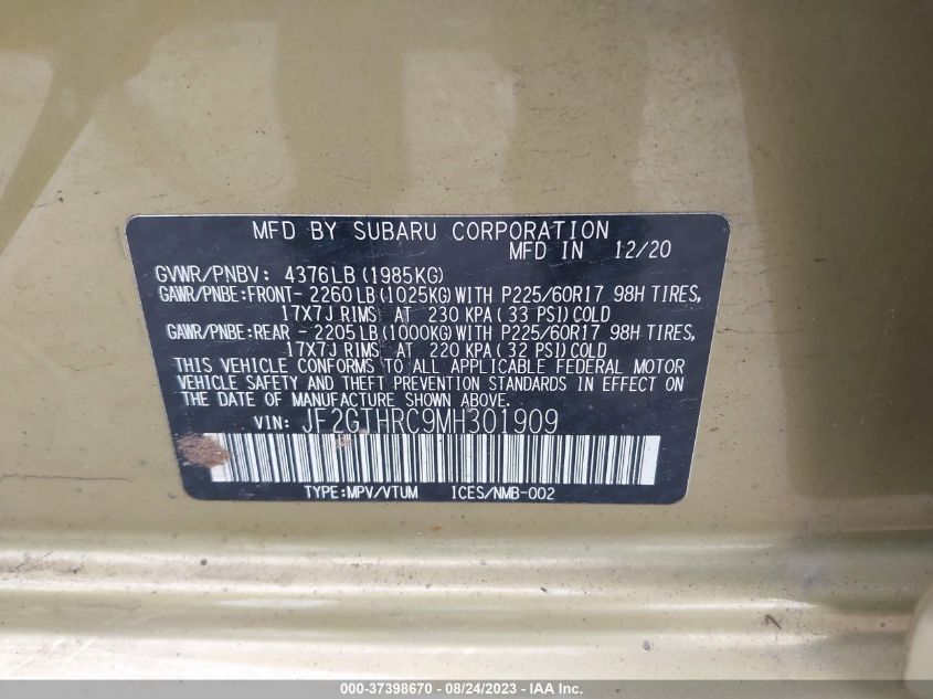 2021 SUBARU CROSSTREK SPORT - JF2GTHRC9MH301909