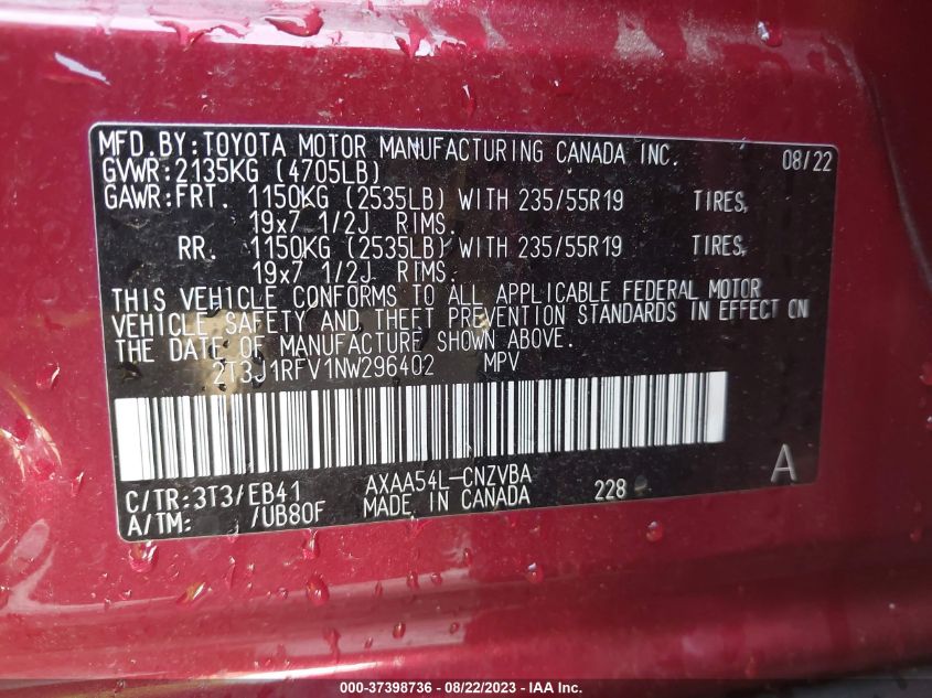 2022 TOYOTA RAV4 ADVENTURE - 2T3J1RFV1NW296402