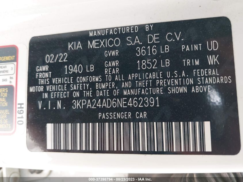 3KPA24AD6NE462391 Kia Rio S 9