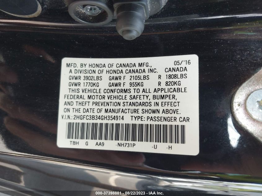 2016 HONDA CIVIC COUPE EX-T - 2HGFC3B34GH354914