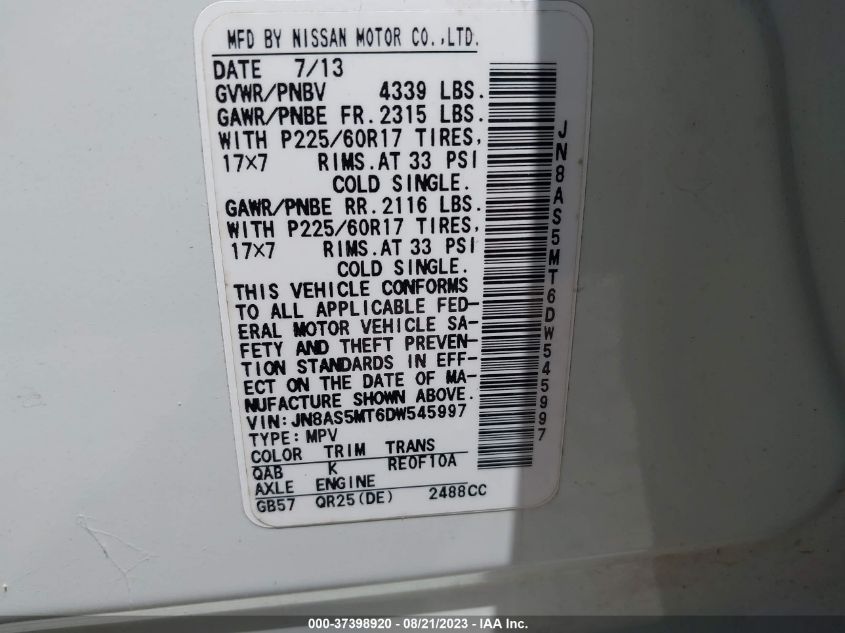 2013 NISSAN ROGUE SV - JN8AS5MT6DW545997