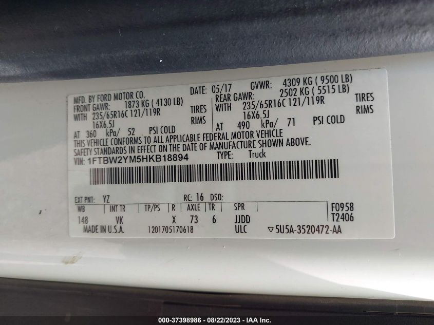 2017 FORD TRANSIT VAN - 1FTBW2YM5HKB18894