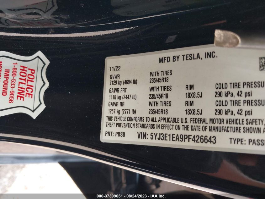 2023 TESLA MODEL 3 - 5YJ3E1EA9PF426643