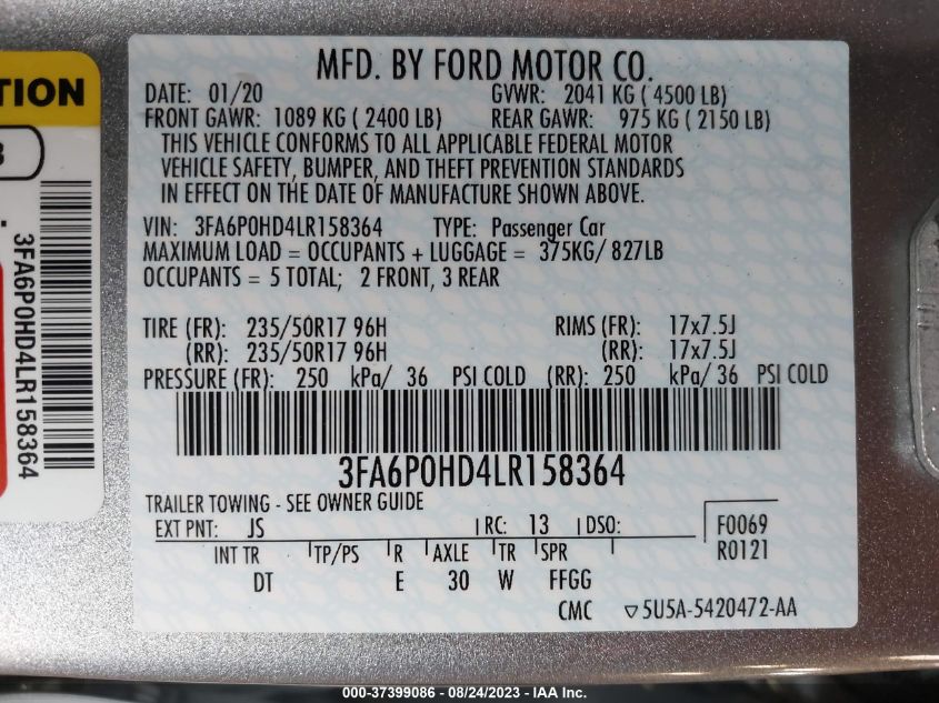 2020 FORD FUSION SE - 3FA6P0HD4LR158364