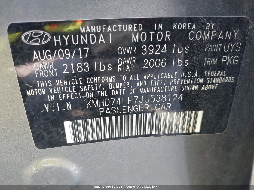 2018 HYUNDAI ELANTRA SE - KMHD74LF7JU538124