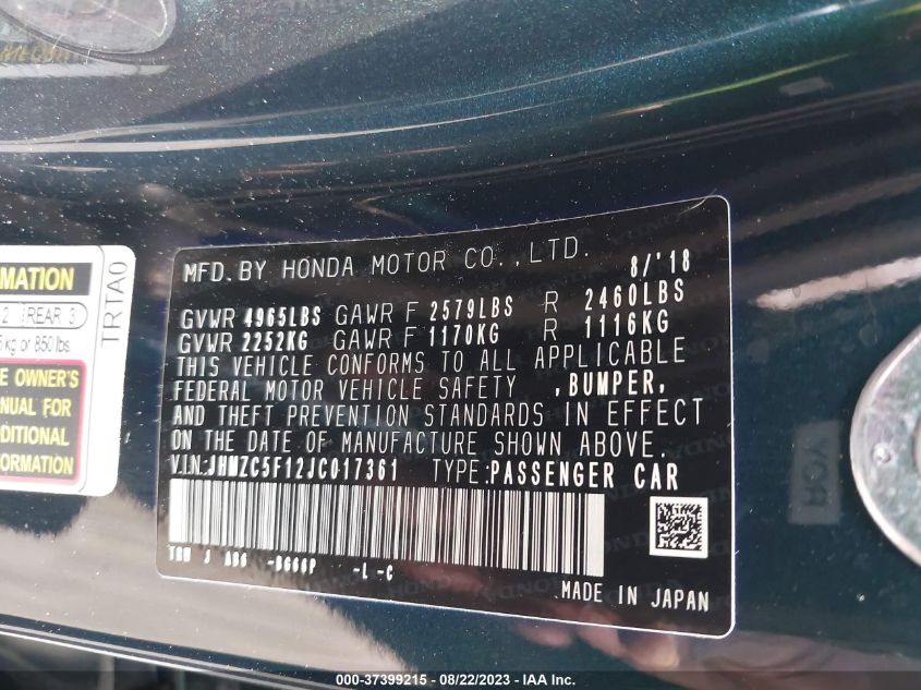 2018 HONDA CLARITY PLUG-IN HYBRID - JHMZC5F12JC017361