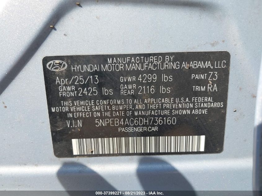 2013 HYUNDAI SONATA GLS - 5NPEB4AC6DH736160