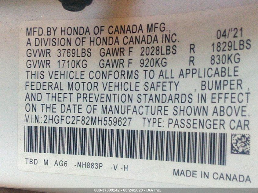 2021 HONDA CIVIC SEDAN SPORT - 2HGFC2F82MH559627
