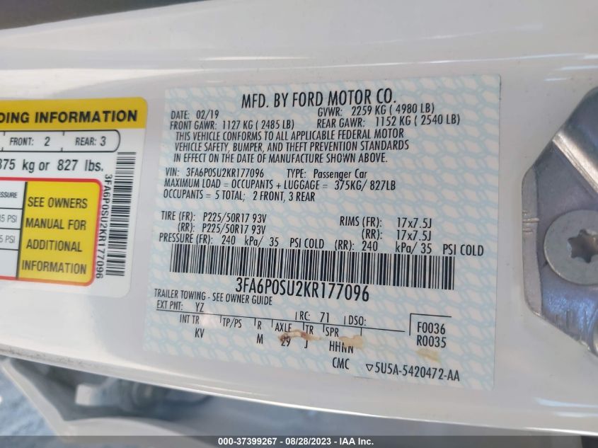 2019 FORD FUSION ENERGI TITANIUM - 3FA6P0SU2KR177096