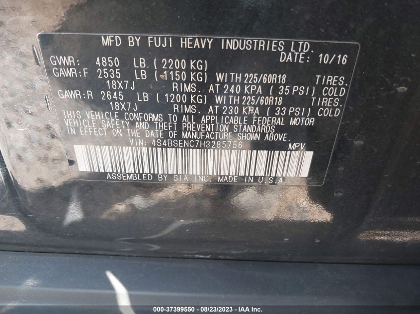 2017 SUBARU OUTBACK LIMITED - 4S4BSENC7H3285756
