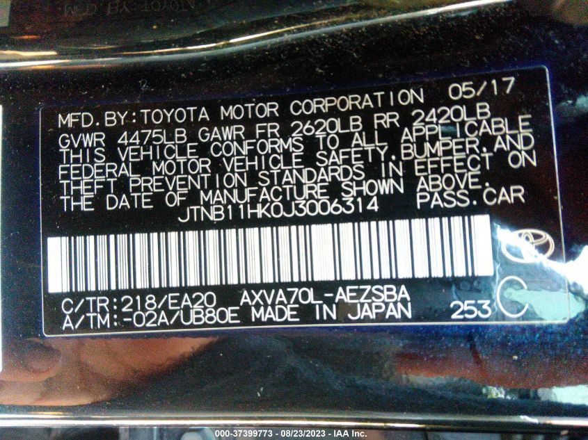 2018 TOYOTA CAMRY LE/SE/XLE/L - JTNB11HK0J3006314