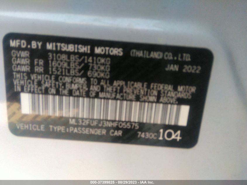 2022 MITSUBISHI MIRAGE G4 ES/LE/BLACK EDITION - ML32FUFJ3NHF05575