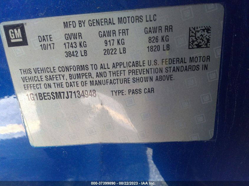 2018 CHEVROLET CRUZE LT - 1G1BE5SM7J7134948