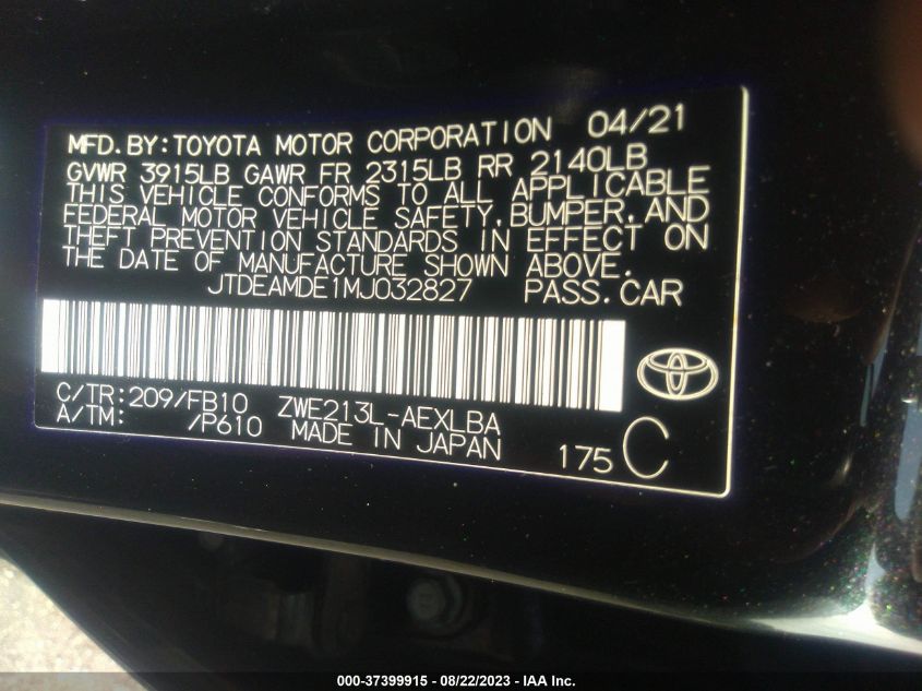 2021 TOYOTA COROLLA HYBRID LE - JTDEAMDE1MJ032827