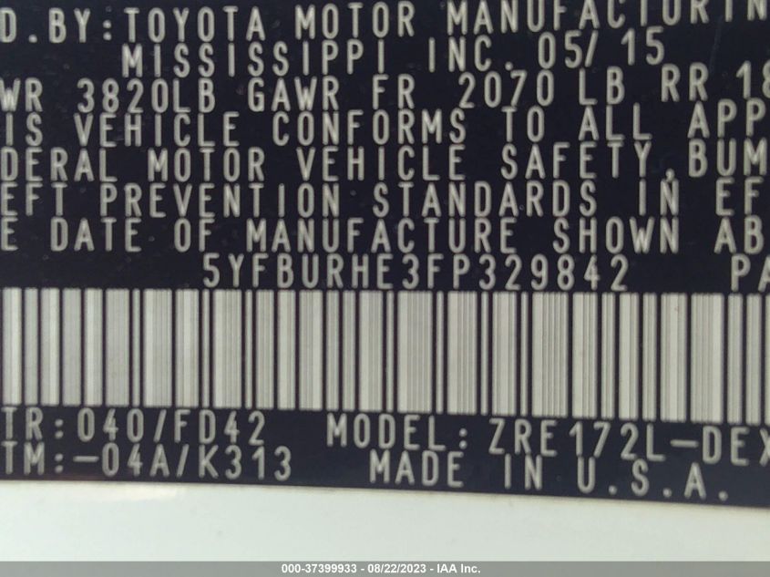 2015 TOYOTA COROLLA L/LE/S/S PLUS/LE PLUS - 5YFBURHE3FP329842