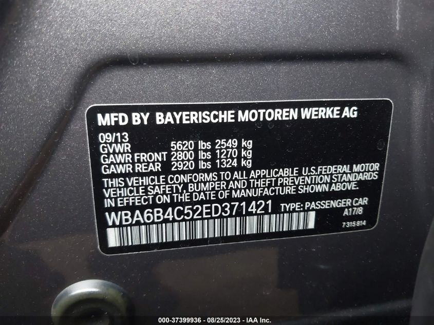 2014 BMW 6 SERIES 650I XDRIVE WBA6B4C52ED371421