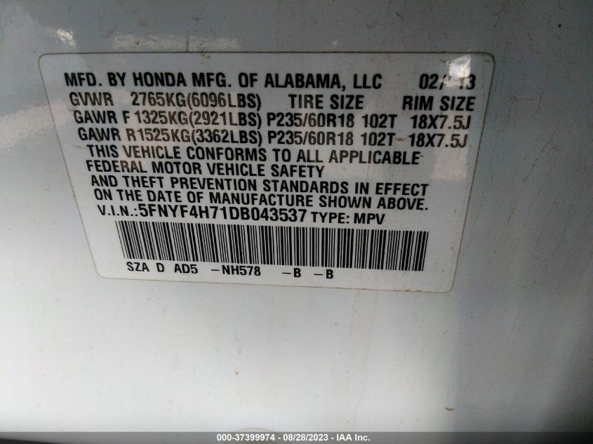 2013 HONDA PILOT EX-L - 5FNYF4H71DB043537