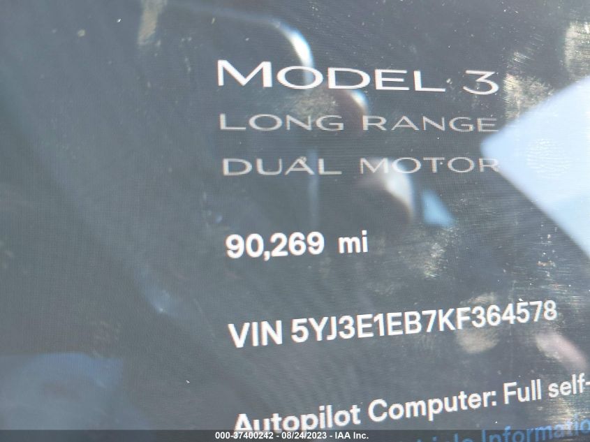 2019 TESLA MODEL 3 LONG RANGE/PERFORMANCE - 5YJ3E1EB7KF364578