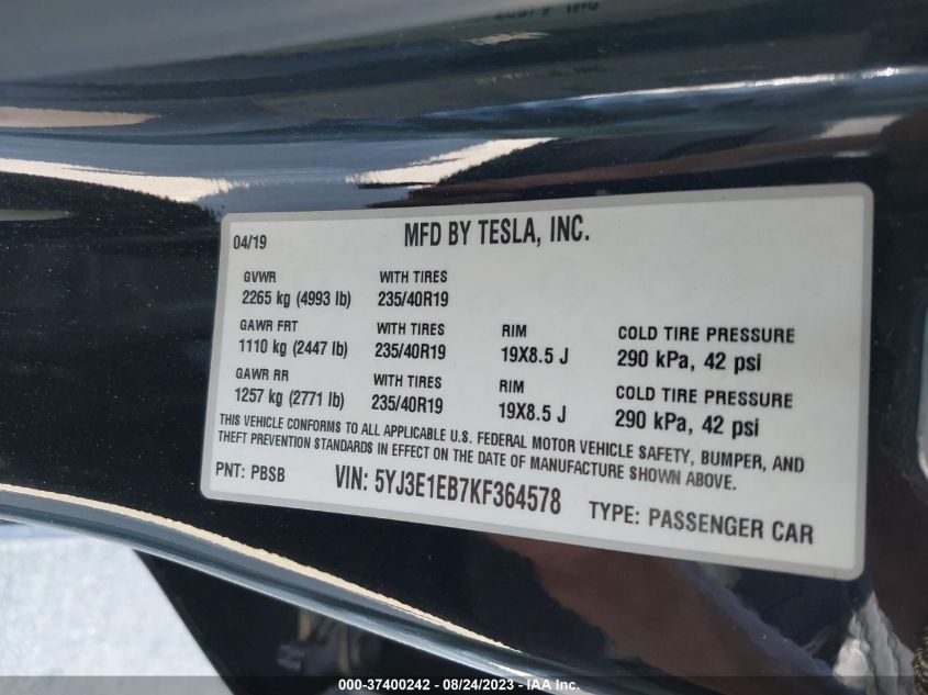 2019 TESLA MODEL 3 LONG RANGE/PERFORMANCE - 5YJ3E1EB7KF364578