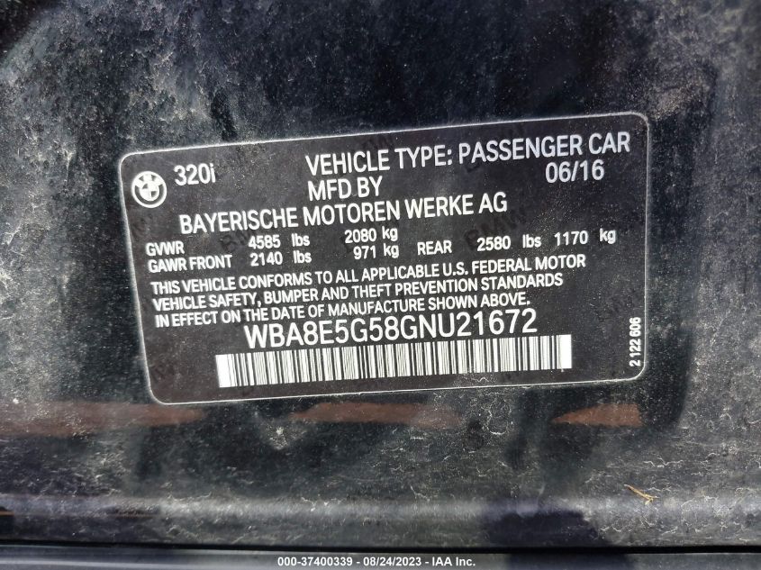 2016 BMW 3 SERIES 320I XDRIVE - WBA8E5G58GNU21672