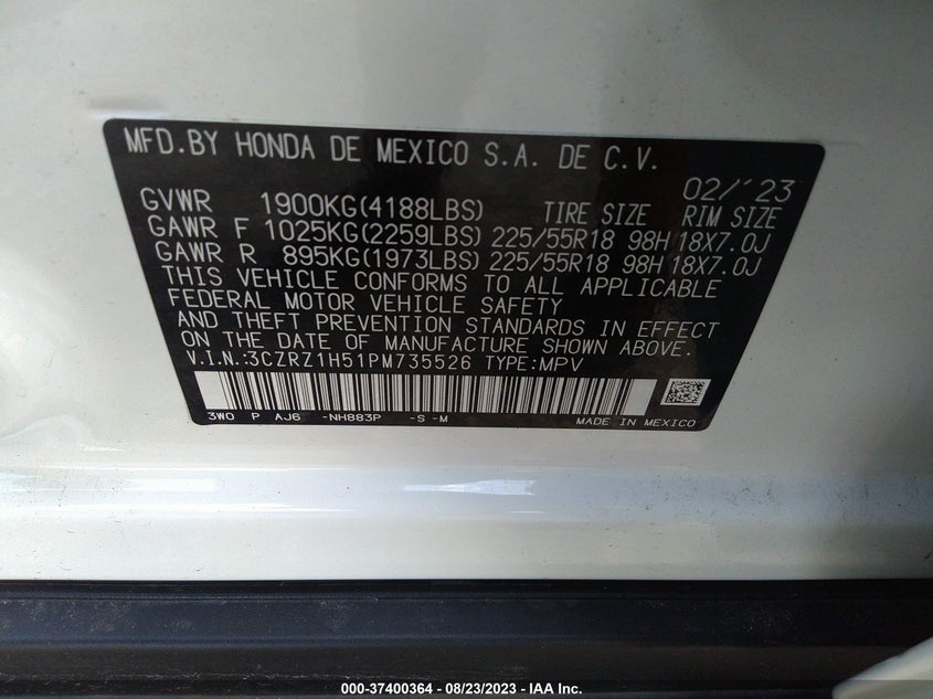 VIN 3CZRZ1H51PM735526 2023 HONDA HR-V SPORT