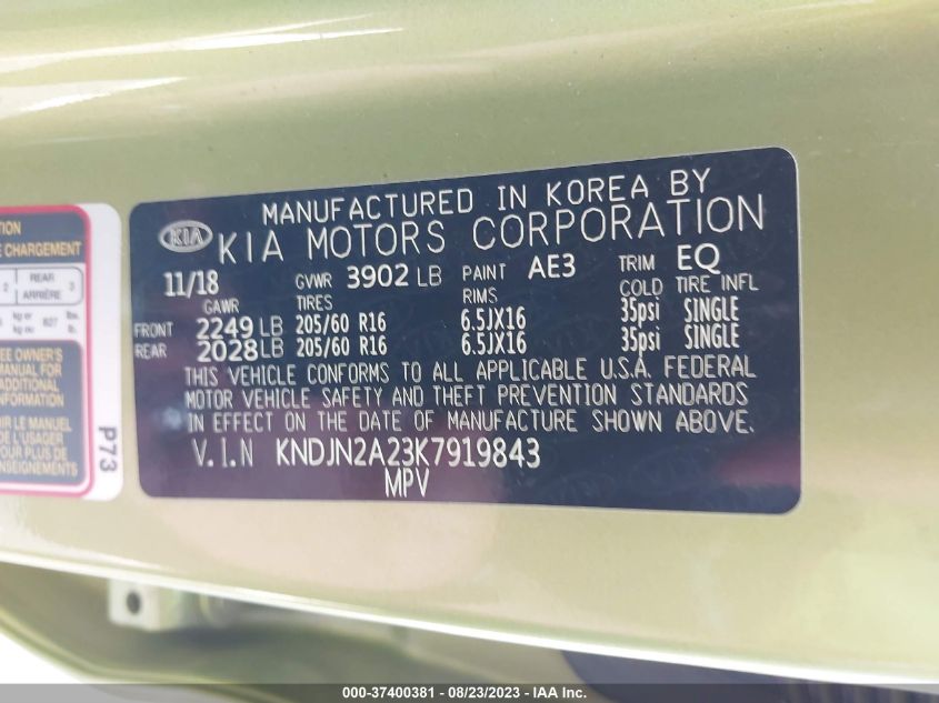 KNDJN2A23K7919843 Kia Soul BASE 9