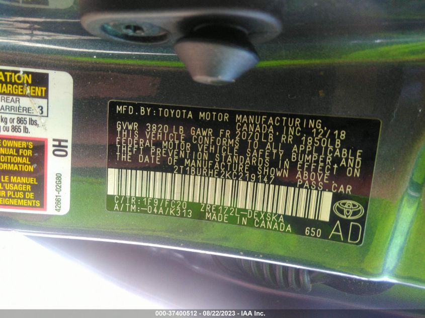 2019 TOYOTA COROLLA L/LE/SE/XLE/XSE - 2T1BURHE2KC219147