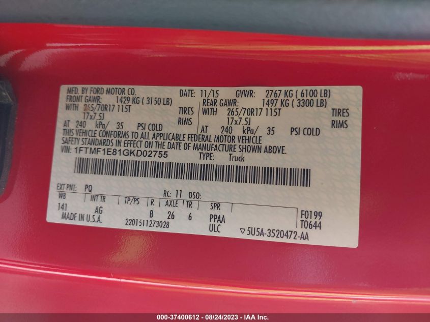 2016 FORD F-150 XL/XLT - 1FTMF1E81GKD02755
