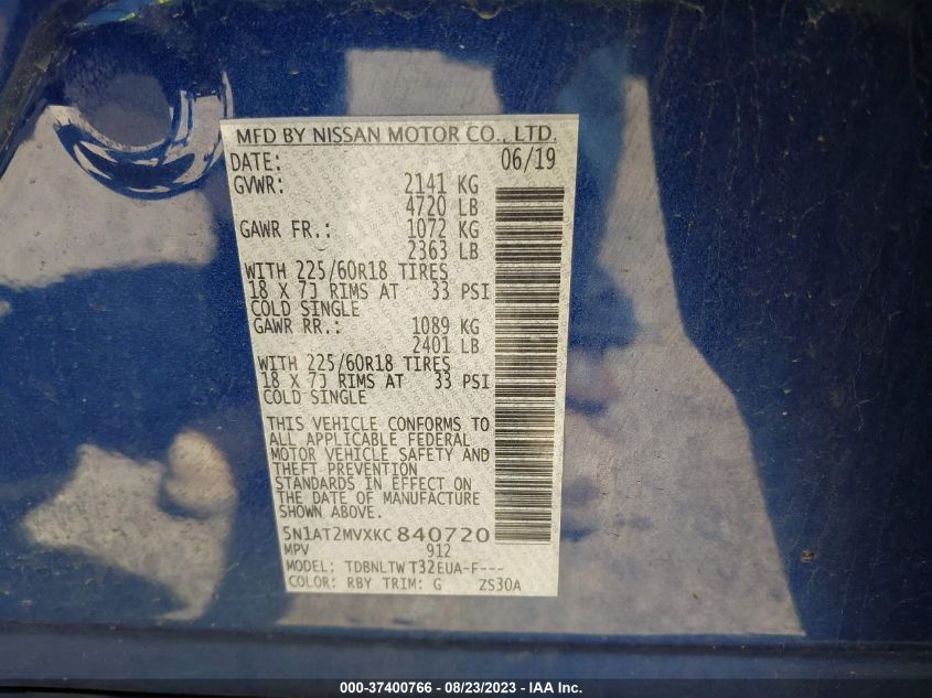 2019 NISSAN ROGUE SV - 5N1AT2MVXKC840720