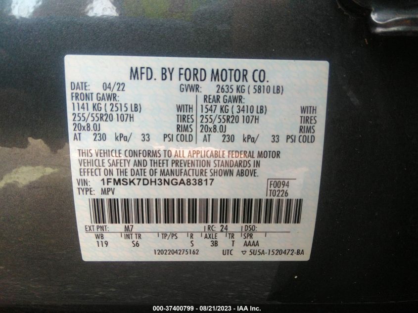 2022 FORD EXPLORER XLT - 1FMSK7DH3NGA83817