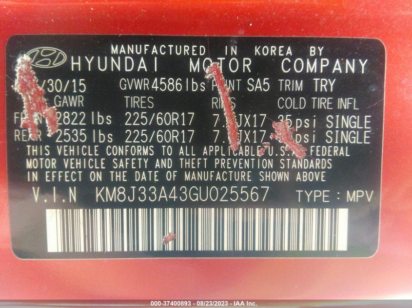2016 HYUNDAI TUCSON SE - KM8J33A43GU025567