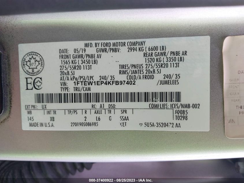 2019 FORD F-150 XL/XLT/LARIAT - 1FTEW1EP4KFB97402