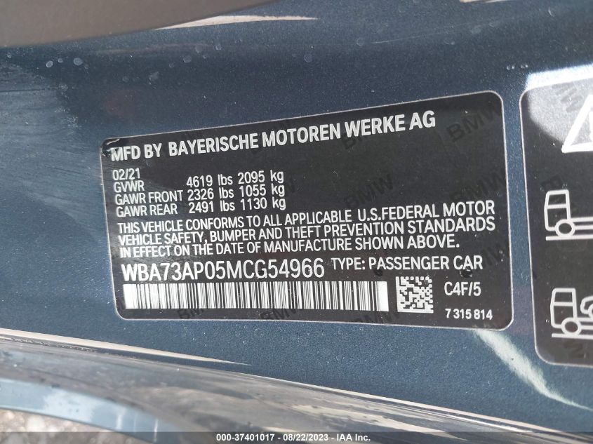 2021 BMW 430I XDRIVE WBA73AP05MCG54966